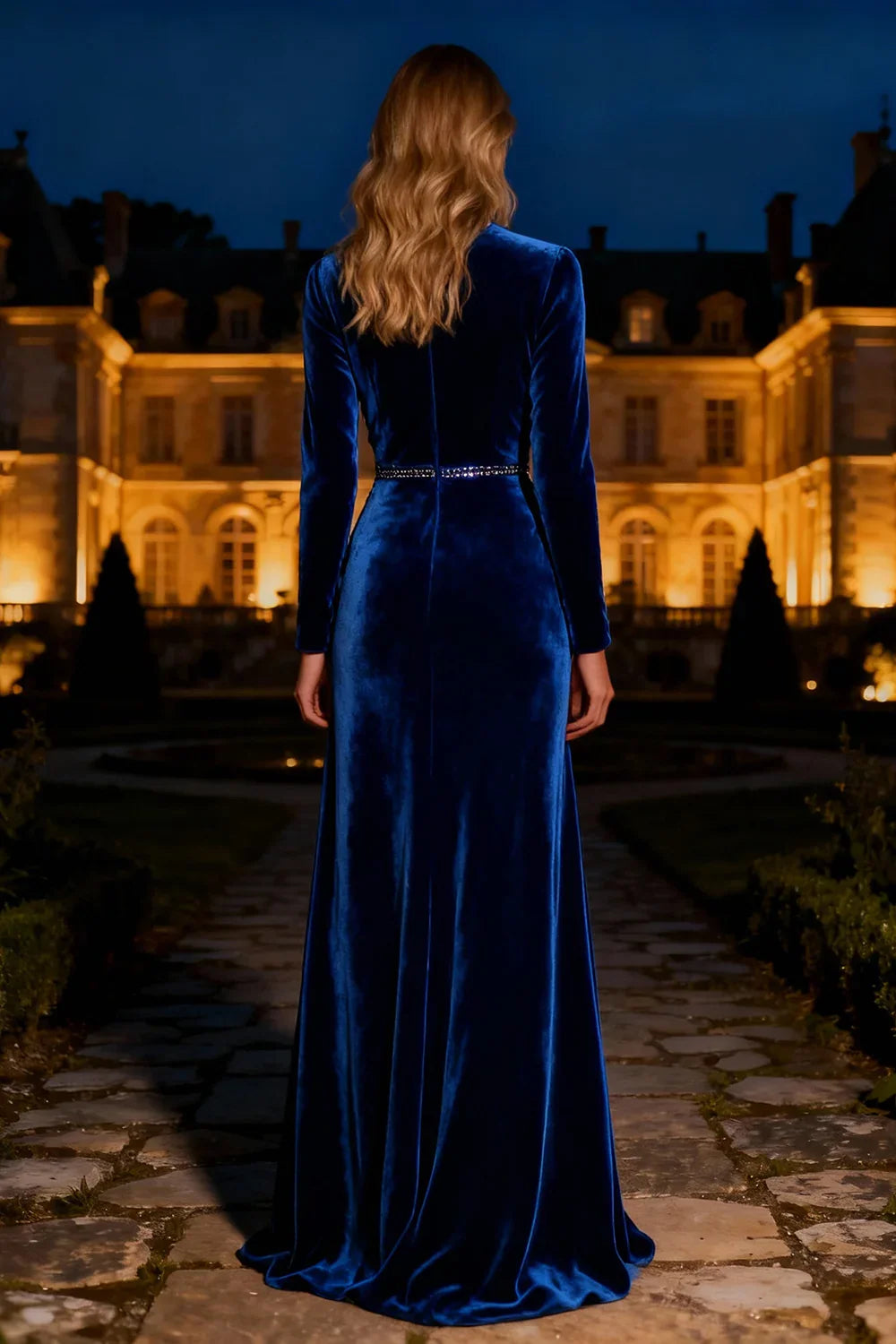 Elegant Royal Blue Velvet Mermaid High Neck Long Sleeve Long Prom Dress