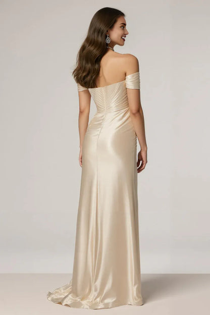 Refined Beautiful Timeless Chic Elegant Champagne Satin Mermaid Sleeveless Floor-Length Prom Dress