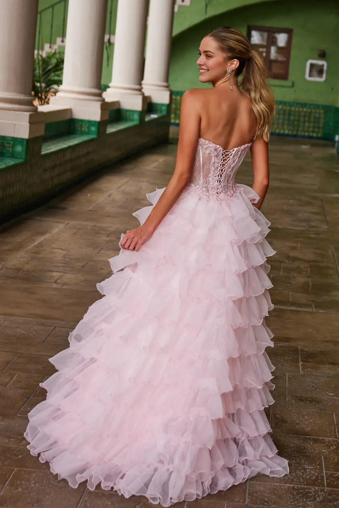 Pink Strapless Prom Dress with Bodice Layered Ruffled Skir tand High Side Slit for Formal Occasions