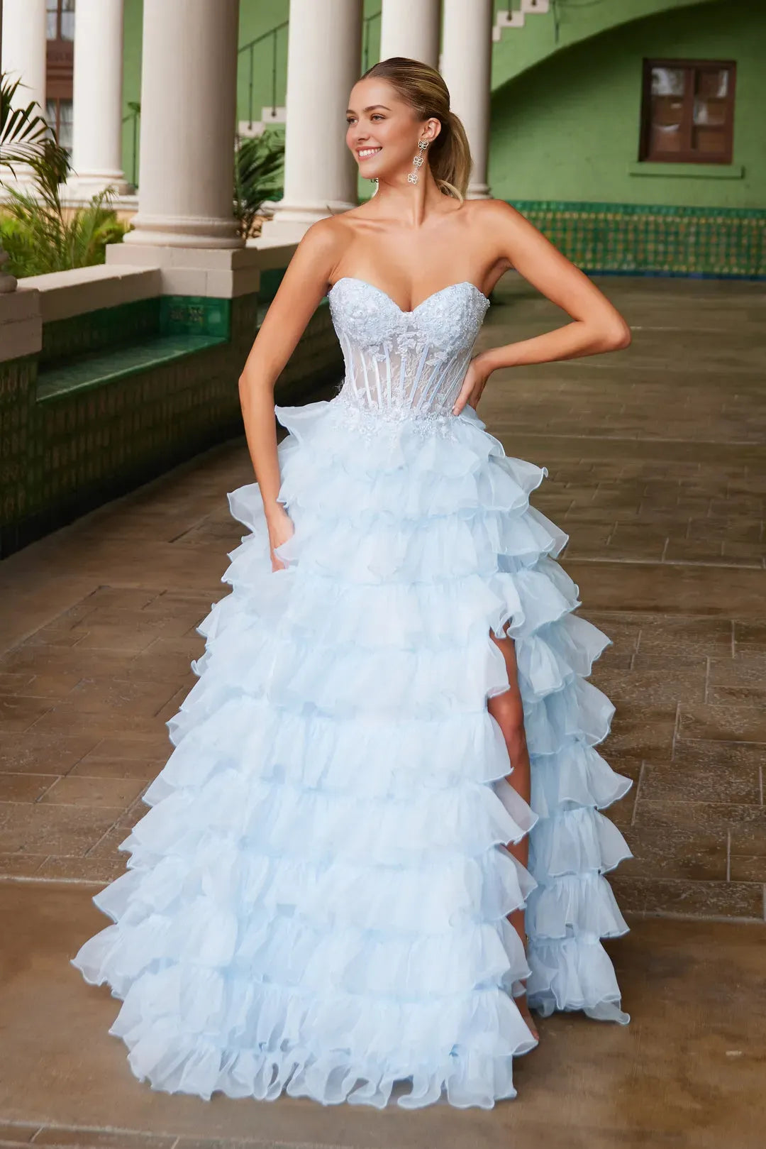 Pink Strapless Prom Dress with Bodice Layered Ruffled Skir tand High Side Slit for Formal Occasions