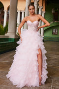 Pink Strapless Prom Dress with Bodice Layered Ruffled Skir tand High Side Slit for Formal Occasions
