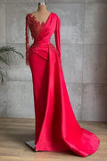 Red Long Sleeve Mermaid Evening Dress Appliques Prom Gown Ruffles