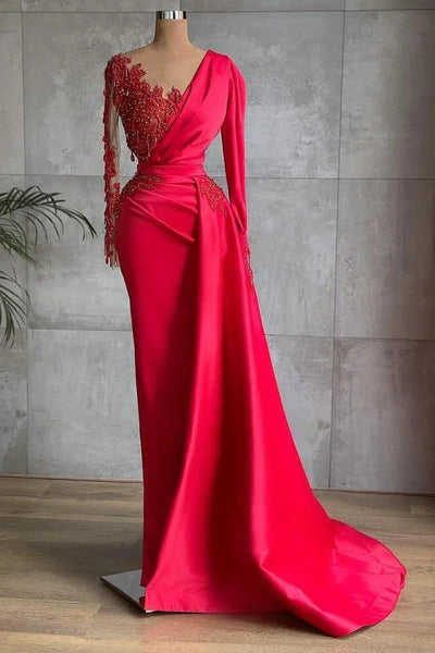 Red Long Sleeve Mermaid Evening Dress Appliques Prom Gown Ruffles