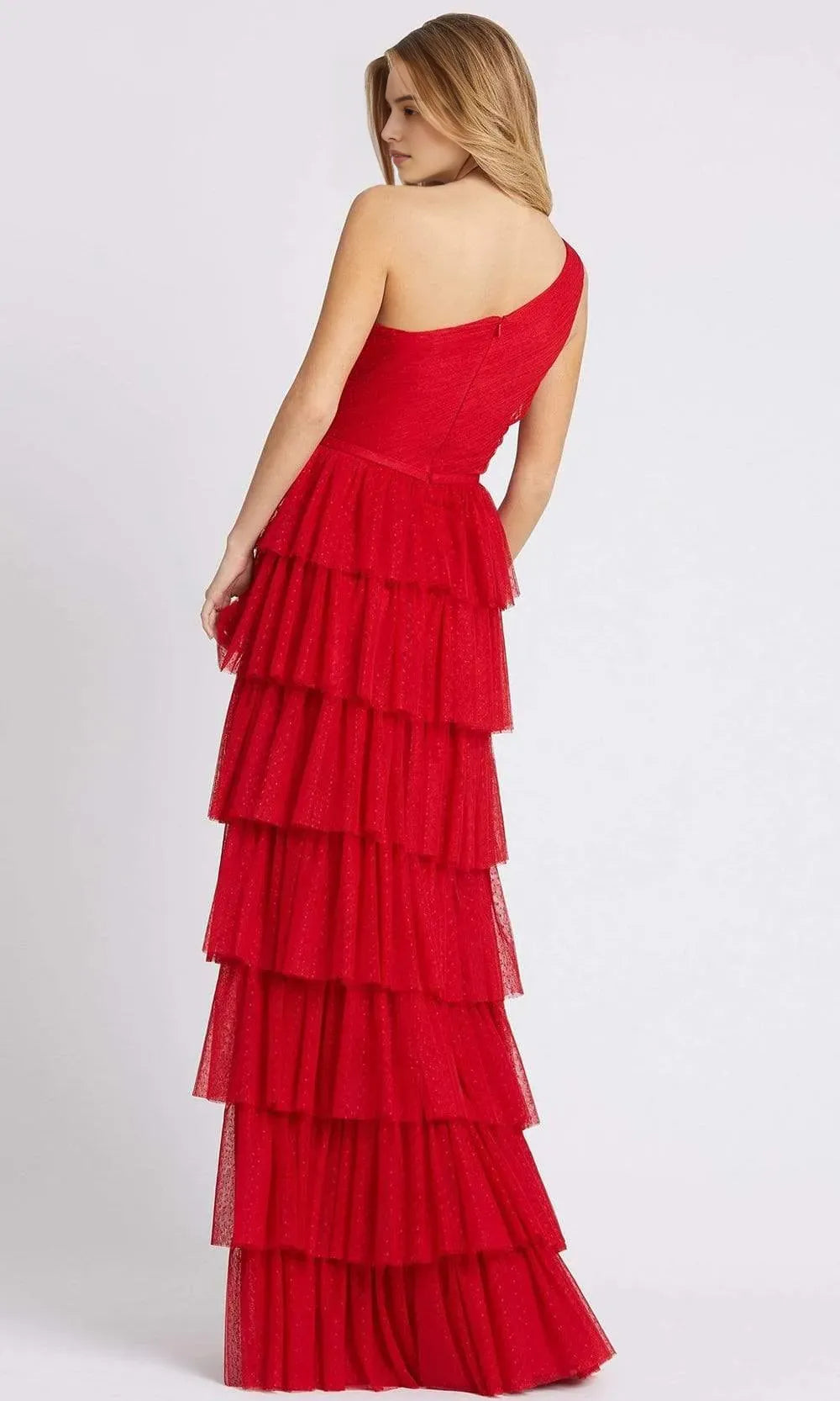 Red One Shoulder Tiered Prom Gown with Shimmering Details for Formal Occasions
