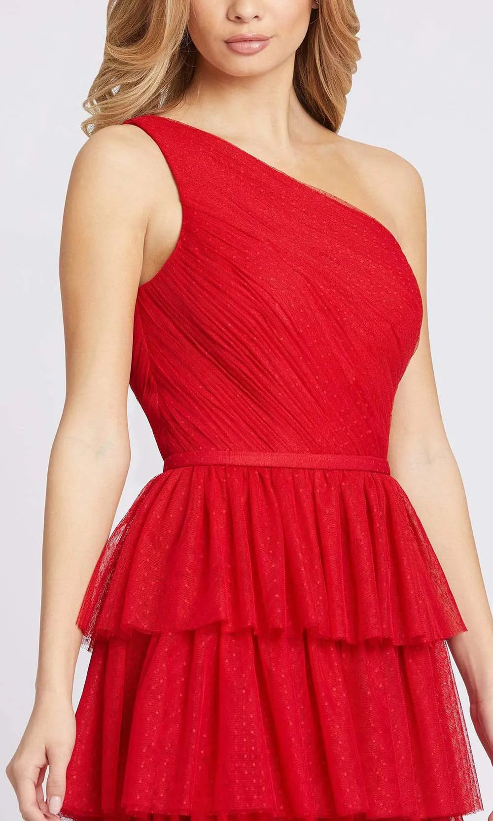 Red One Shoulder Tiered Prom Gown with Shimmering Details for Formal Occasions