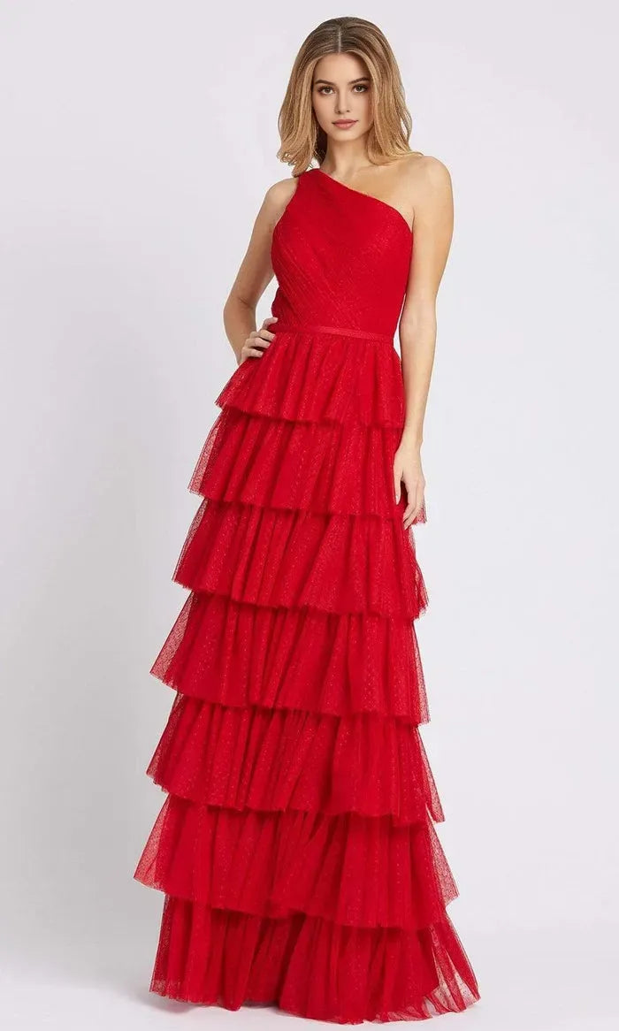 Red One Shoulder Tiered Prom Gown with Shimmering Details for Formal Occasions