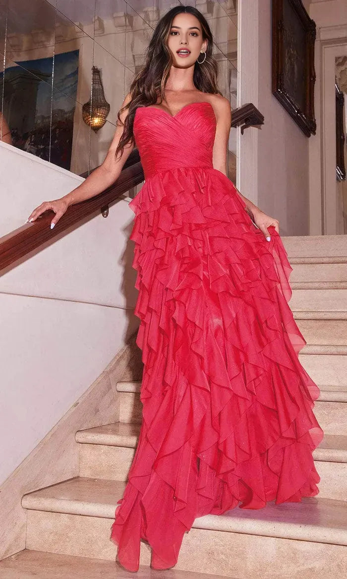 Red Strapless Evening Dresses with Tiered Ruffles Sweetheart Neckline and Flowy Silhouette Ideal for Glamorous Galas Weddings and Special Occasions