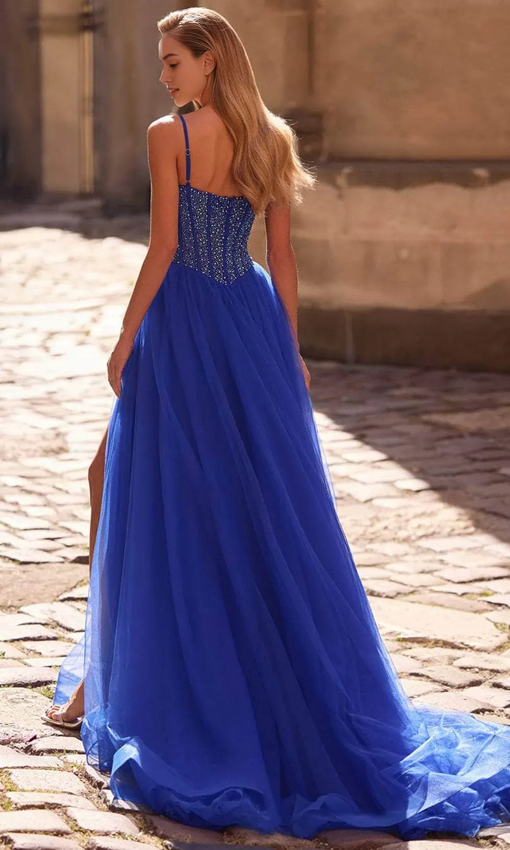 Blue Royal Prom Gown with Sparkling Corset Bodice and High Slit for Formal Dances