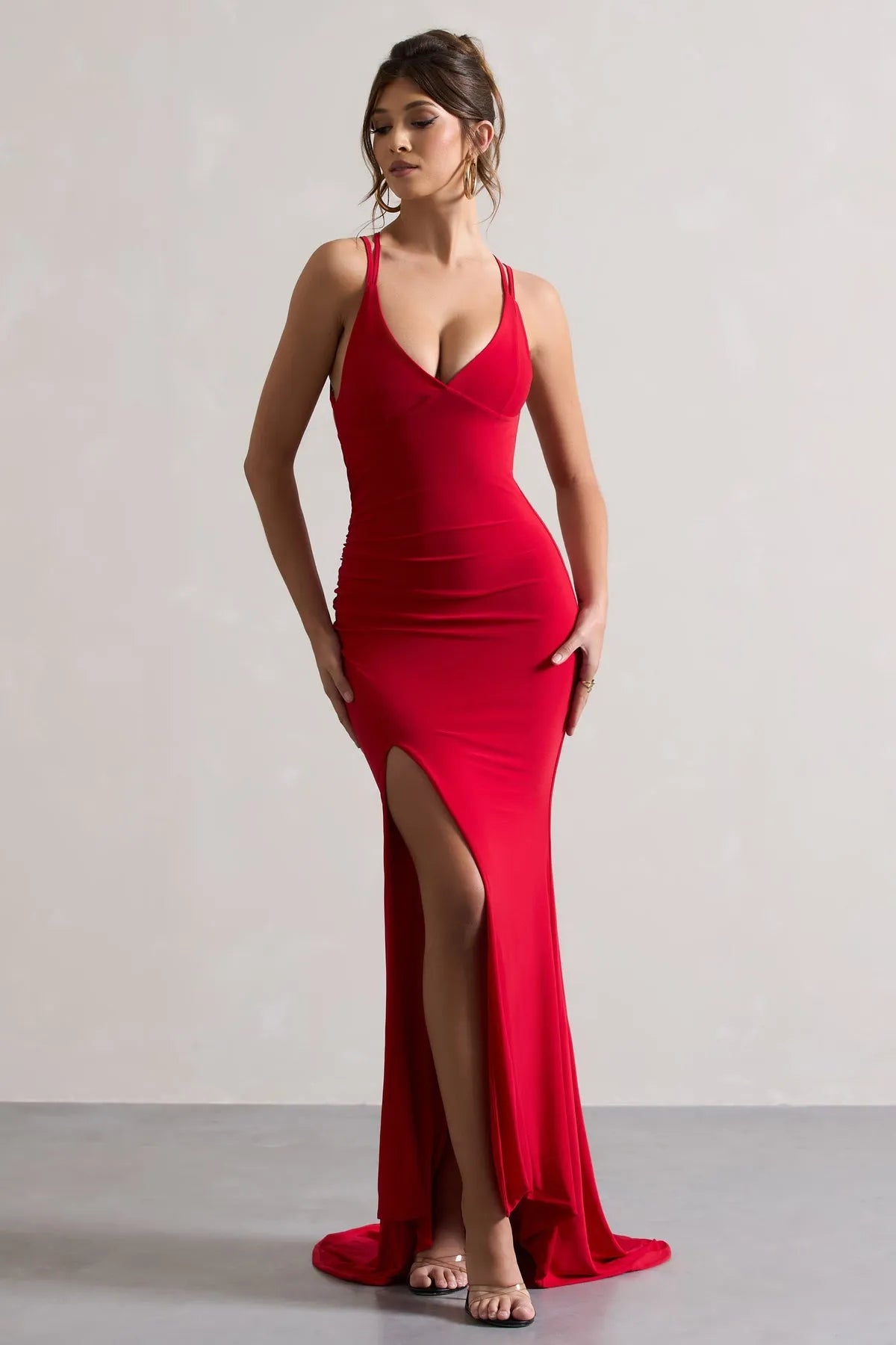 Black Ruby Red Form - Fitting Prom Dresses with Plunging V - Neck Double Straps Flattering Ruching and Striking Crafted to Dazzle at High End Balls Stylish Gala Nights and Unforgettable Tie Occasions