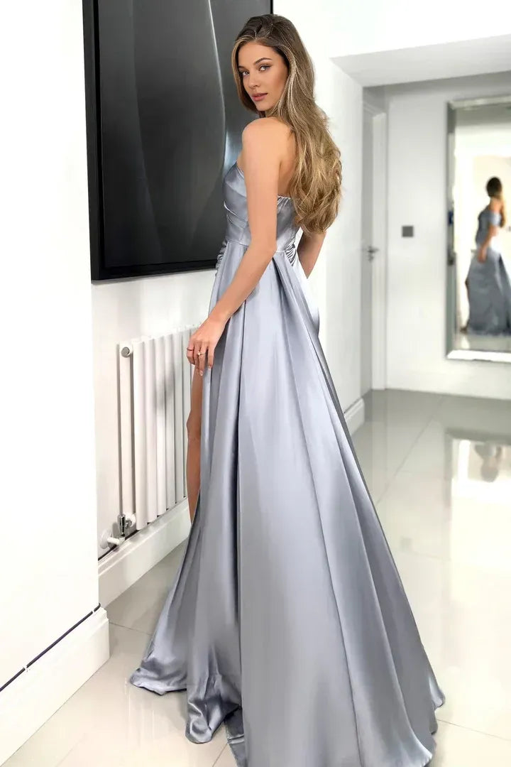 Timeless Special Occasion Sophisticated Elegant Silver Satin Sheath Sleeveless Floor-Length Prom Dress