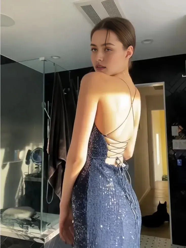 Shiny Sexy Backless Evening Prom Dress Party Long Tight Dress