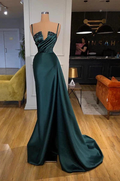 Spaghetti-Straps Crystal Mermaid Evening Dress With Detachable Train