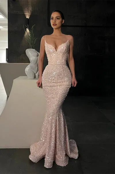 Spaghetti-Straps Sequins Mermaid Evening Dress Long On Sale