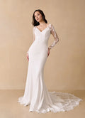 White Mermaid V-Neck Sequins - Sleeved V - Neck Wedding Dress with Train