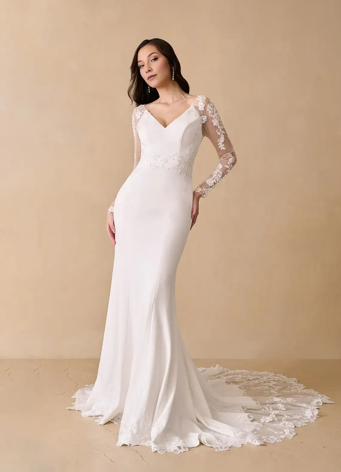 White Mermaid V-Neck Sequins - Sleeved V - Neck Wedding Dress with Train
