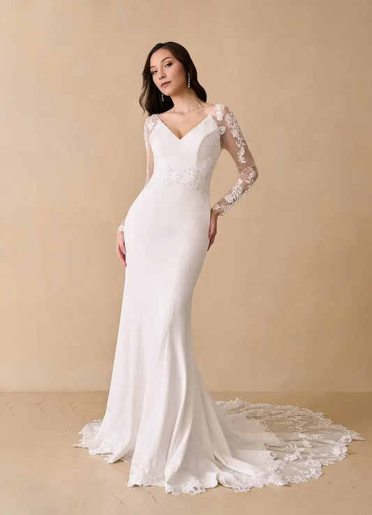 Elegant White Sequin Mermaid V-Neck Classic-Sleeve Classic-Back Floor-Length Wedding Dress