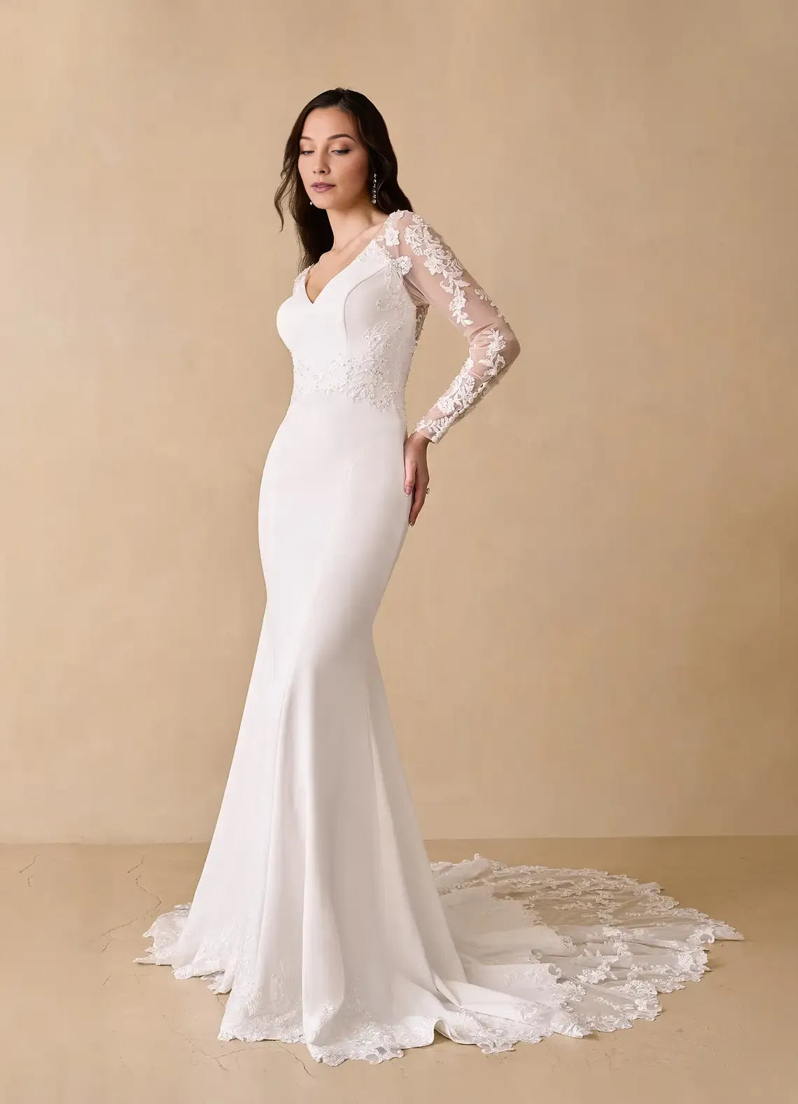 White Mermaid V-Neck Sequins - Sleeved V - Neck Wedding Dress with Train