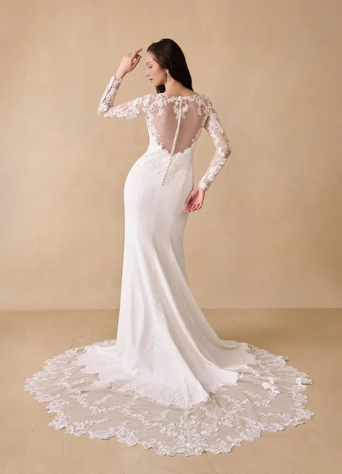 White Mermaid V-Neck Sequins - Sleeved V - Neck Wedding Dress with Train