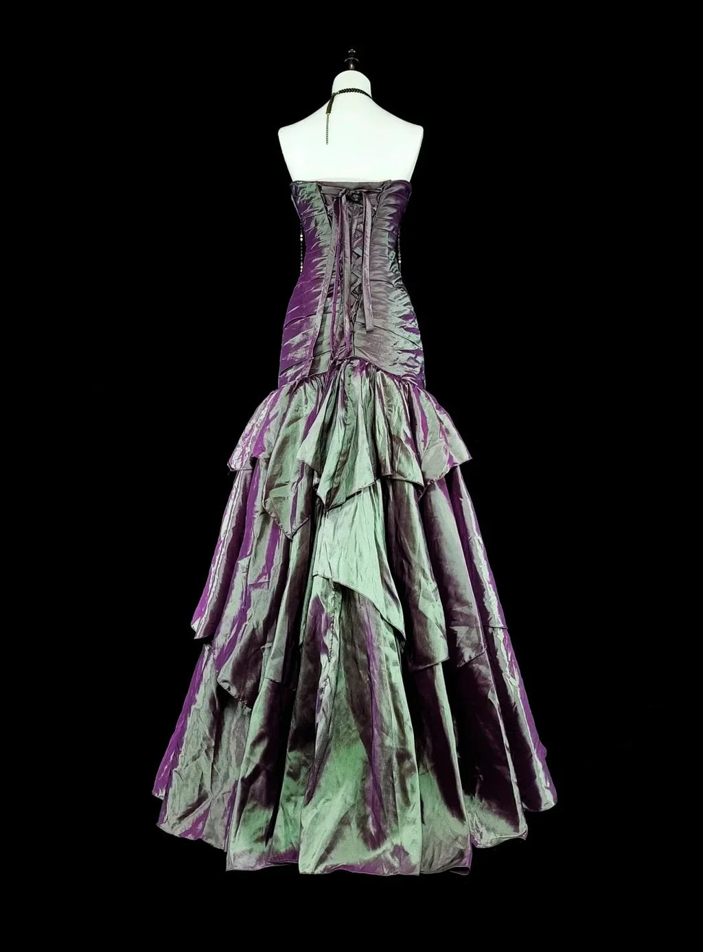 Purple Gothic Mermaid Strapless Ruffled Iridescent Maxi Prom Dress