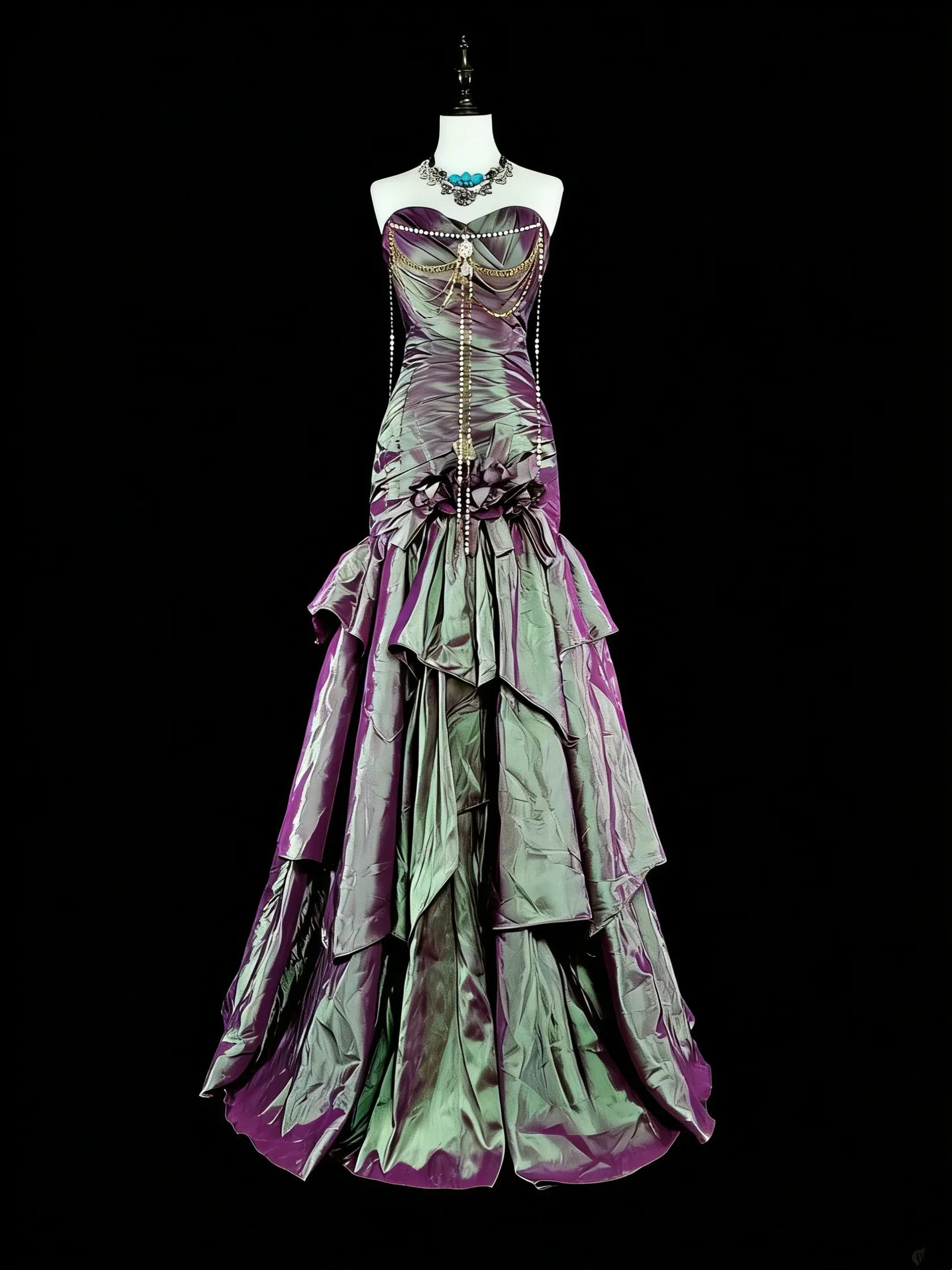 Purple Gothic Mermaid Strapless Ruffled Iridescent Maxi Prom Dress