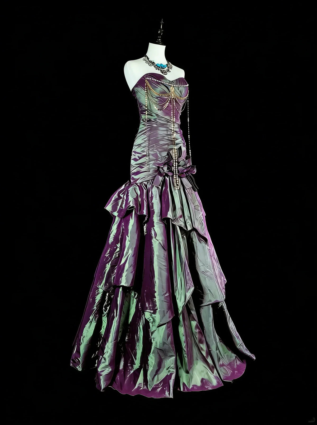 Purple Gothic Mermaid Strapless Ruffled Iridescent Maxi Prom Dress