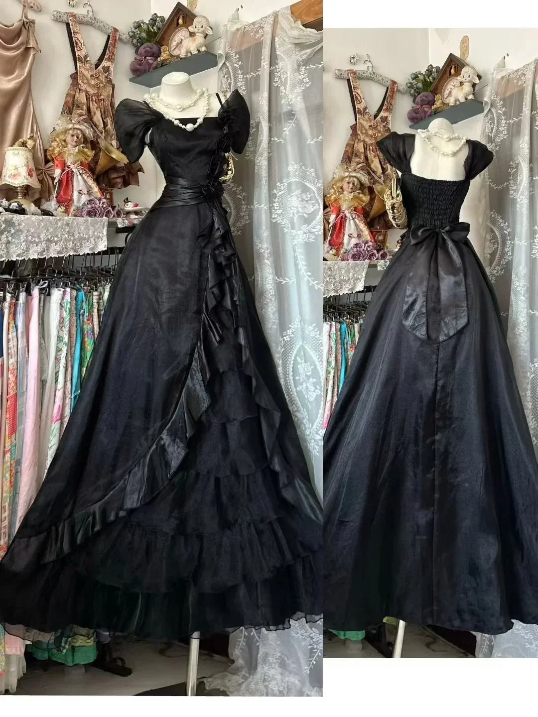 Black Gothic Off-the-Shoulder Puff Sleeve Ruffled Maxi Prom Dress