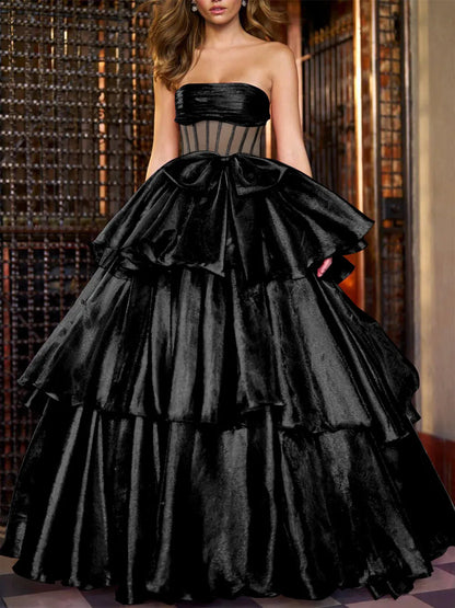 Elegant Red Ruffled A-Line Strapless Classic-Sleeve Classic-Back Floor-Length Prom Dress