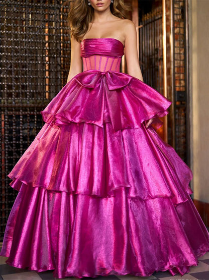Elegant Red Ruffled A-Line Strapless Classic-Sleeve Classic-Back Floor-Length Prom Dress