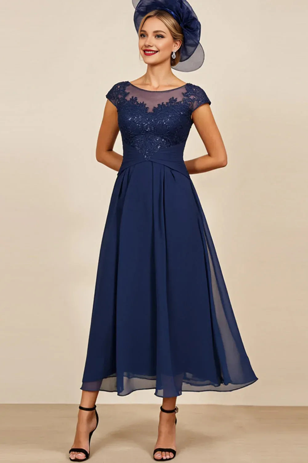 Sophisticated Graceful Elegant Navy Blue Chiffon A-Line Mother of the Bride Dress