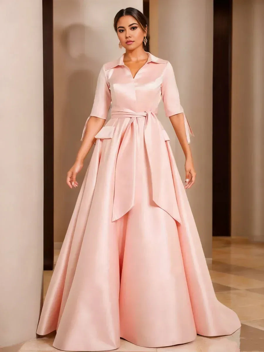 Elegant Blush Pink Satin A-Line V-Neck Floor-Length Mother of the Bride Dress