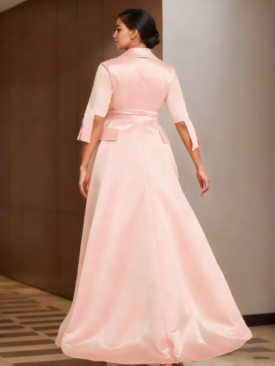 Elegant Blush Pink Satin A-Line V-Neck Floor-Length Mother of the Bride Dress
