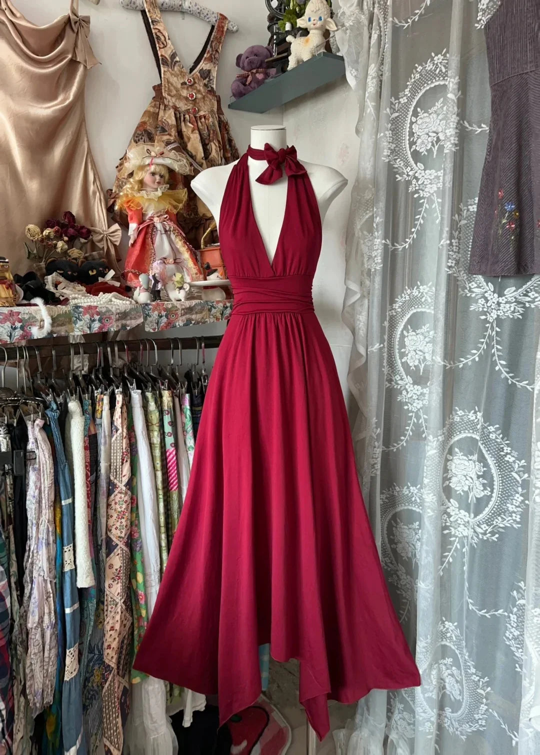 Wine Graceful A-Line Halter Bow Wine Maxi Homecoming Dress