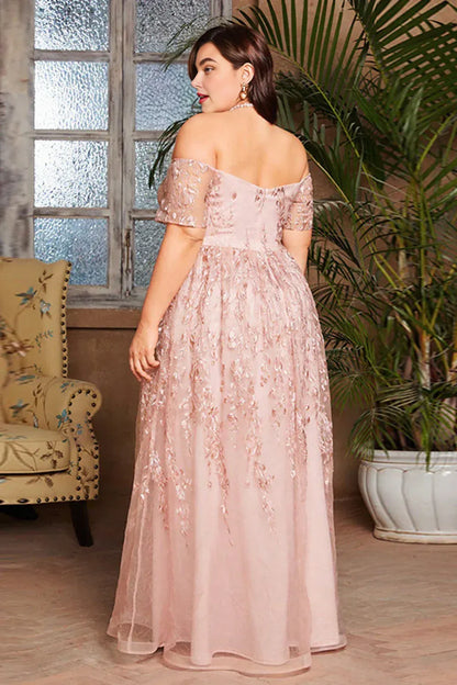 Elegant Blush Pink Tulle A-Line Short Sleeve Floor-Length Mother of the Bride Dress