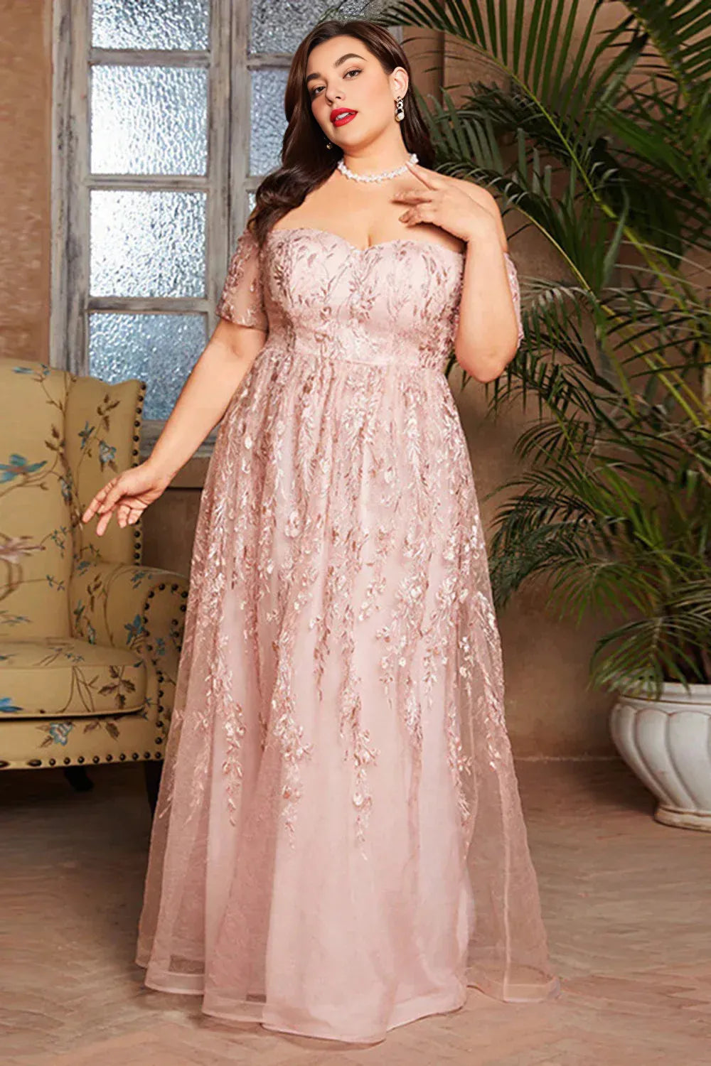 Elegant Blush Pink Tulle A-Line Short Sleeve Floor-Length Mother of the Bride Dress