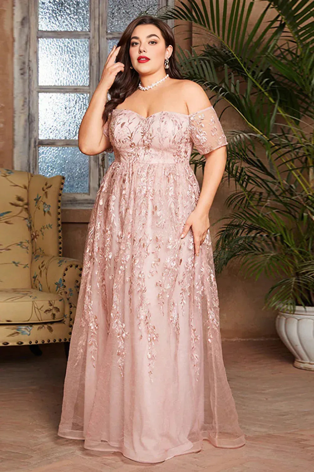 Elegant Blush Pink Tulle A-Line Short Sleeve Floor-Length Mother of the Bride Dress