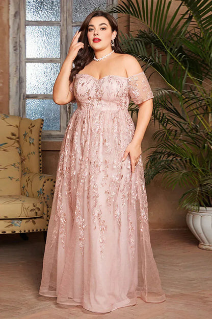 Elegant Blush Pink Tulle A-Line Short Sleeve Floor-Length Mother of the Bride Dress