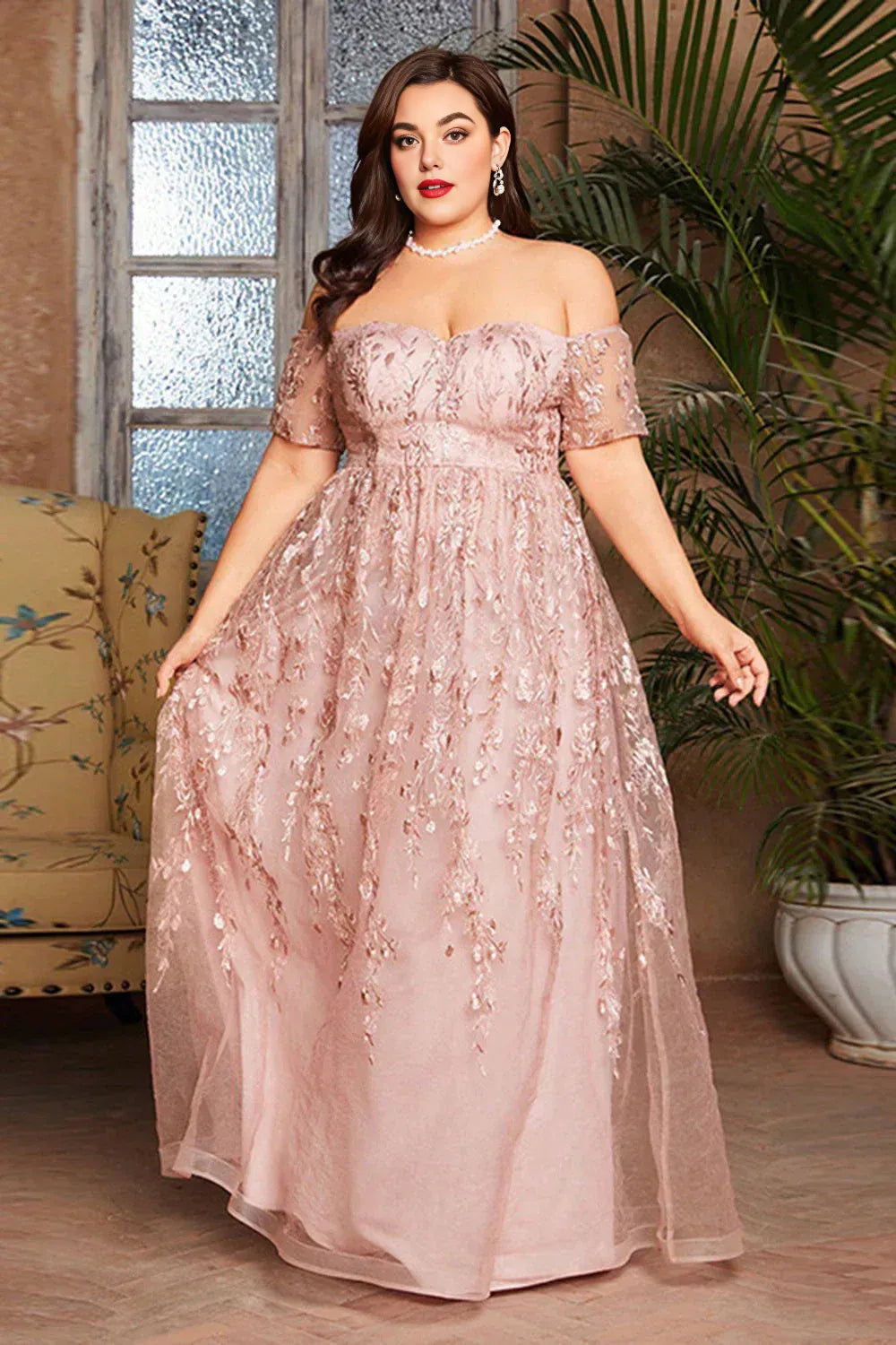 Elegant Blush Pink Tulle A-Line Short Sleeve Floor-Length Mother of the Bride Dress