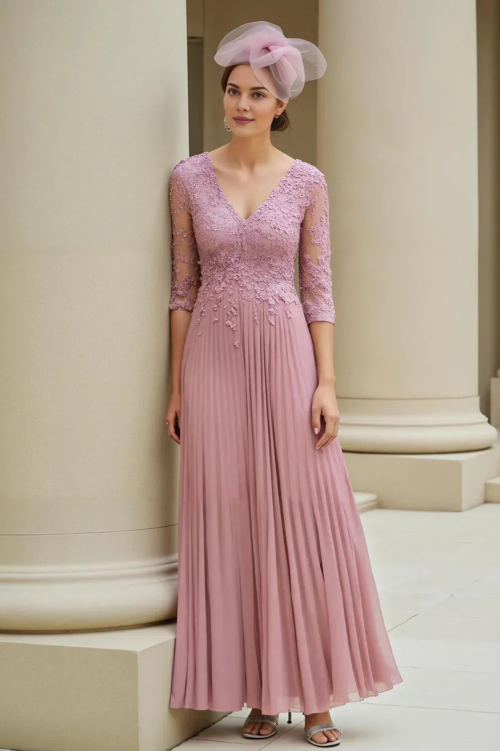 Beautiful Elegant Pink Chiffon A-Line V-Neck Floor-Length Mother of the Bride Dress
