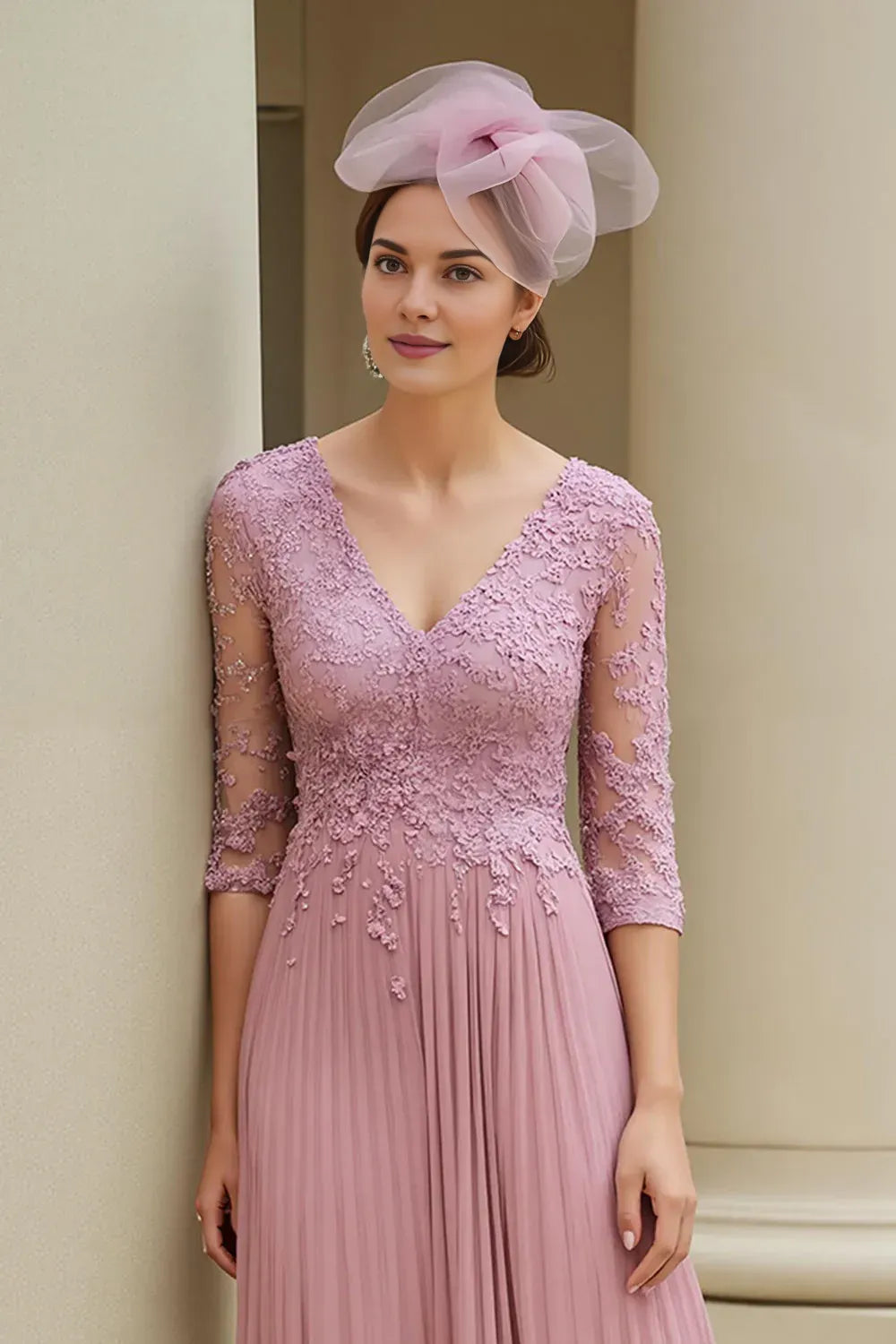 Beautiful Elegant Pink Chiffon A-Line V-Neck Floor-Length Mother of the Bride Dress