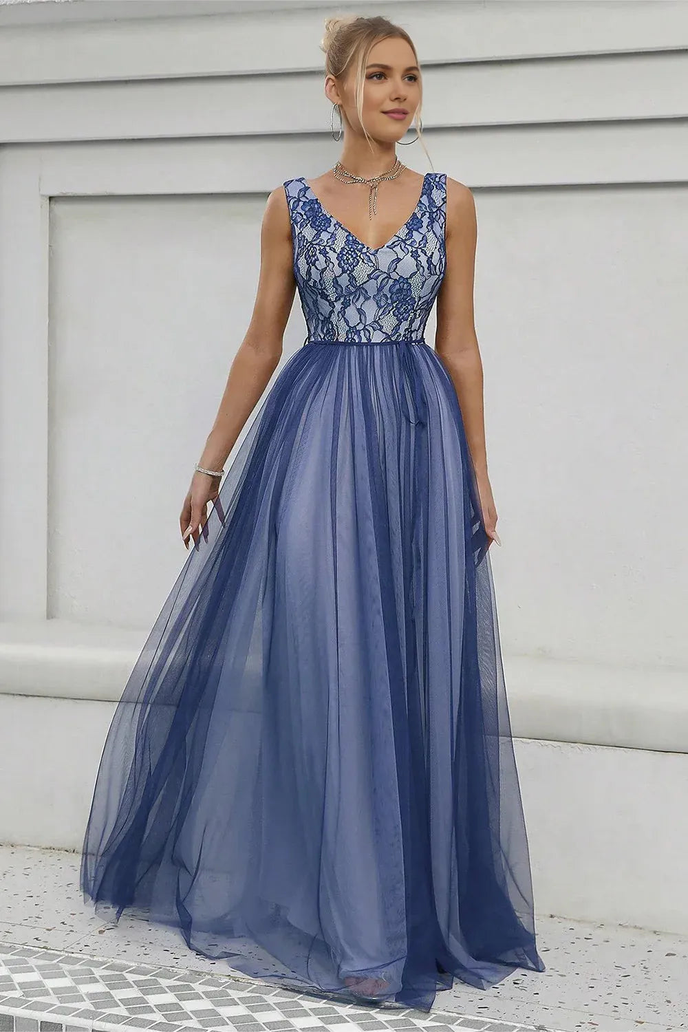 Special Occasion Sophisticated Graceful Elegant Tulle A-Line V-Neck Sleeveless Floor-Length Prom Dress