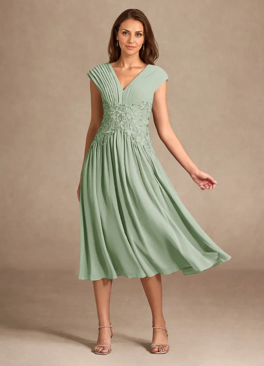 Elegant Sage Green Chiffon A-Line V-Neck Sleeveless Tea-Length Mother of the Bride Dress