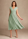 Elegant Sage Green Chiffon A-Line V-Neck Sleeveless Tea-Length Mother of the Bride Dress