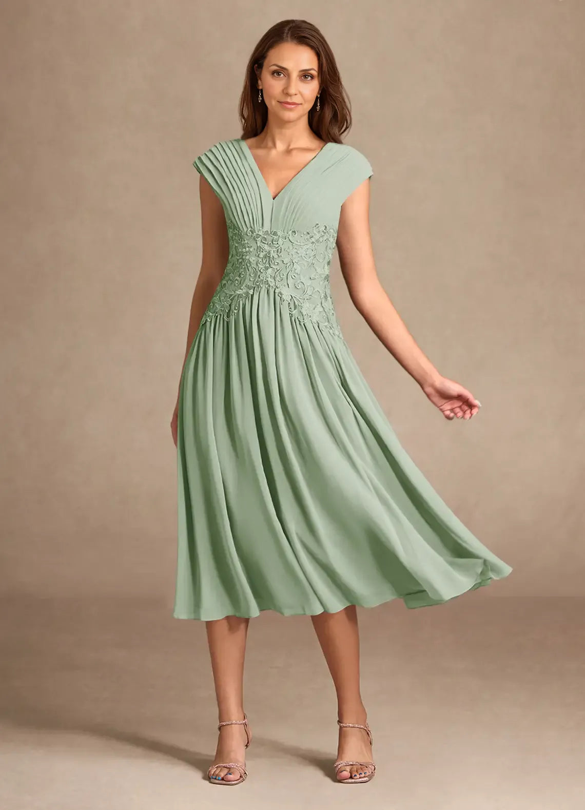 Elegant Sage Green Chiffon A-Line V-Neck Sleeveless Tea-Length Mother of the Bride Dress