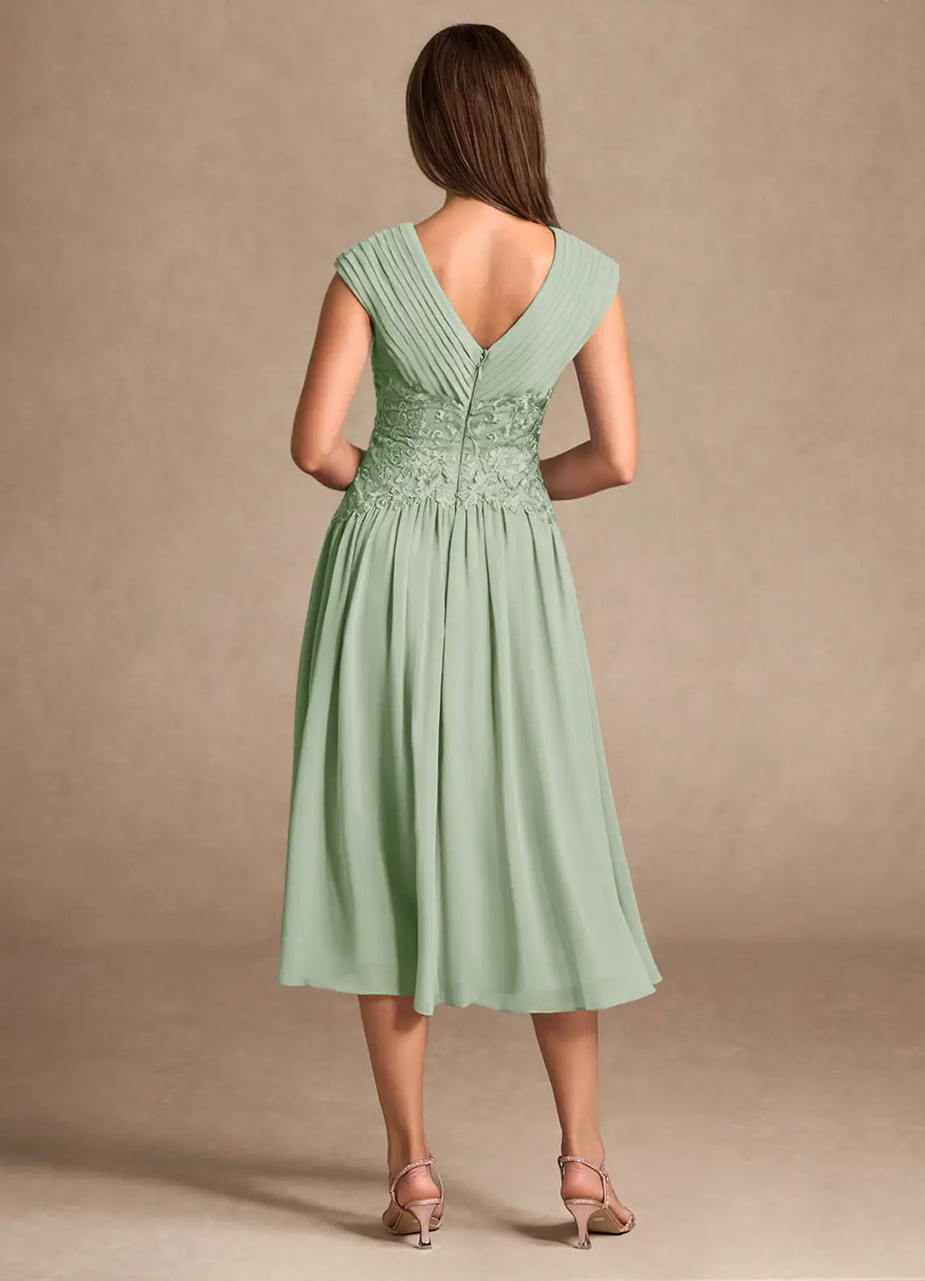 Elegant Sage Green Chiffon A-Line V-Neck Sleeveless Tea-Length Mother of the Bride Dress