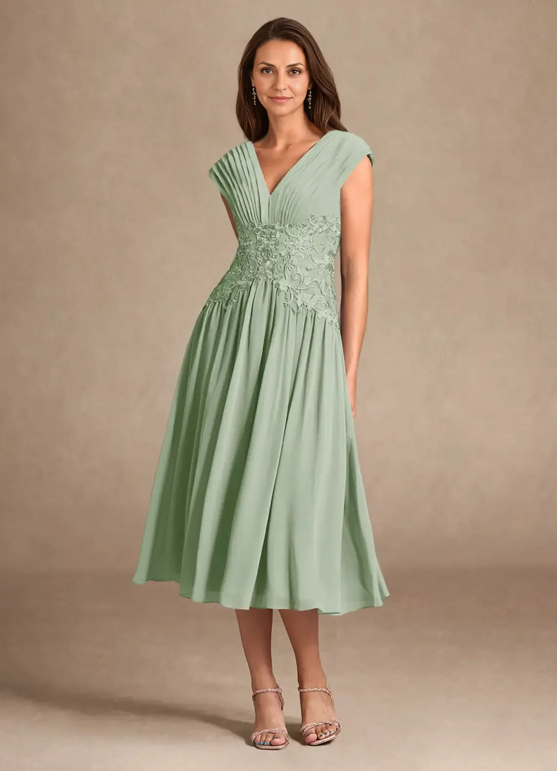 Elegant Sage Green Chiffon A-Line V-Neck Sleeveless Tea-Length Mother of the Bride Dress