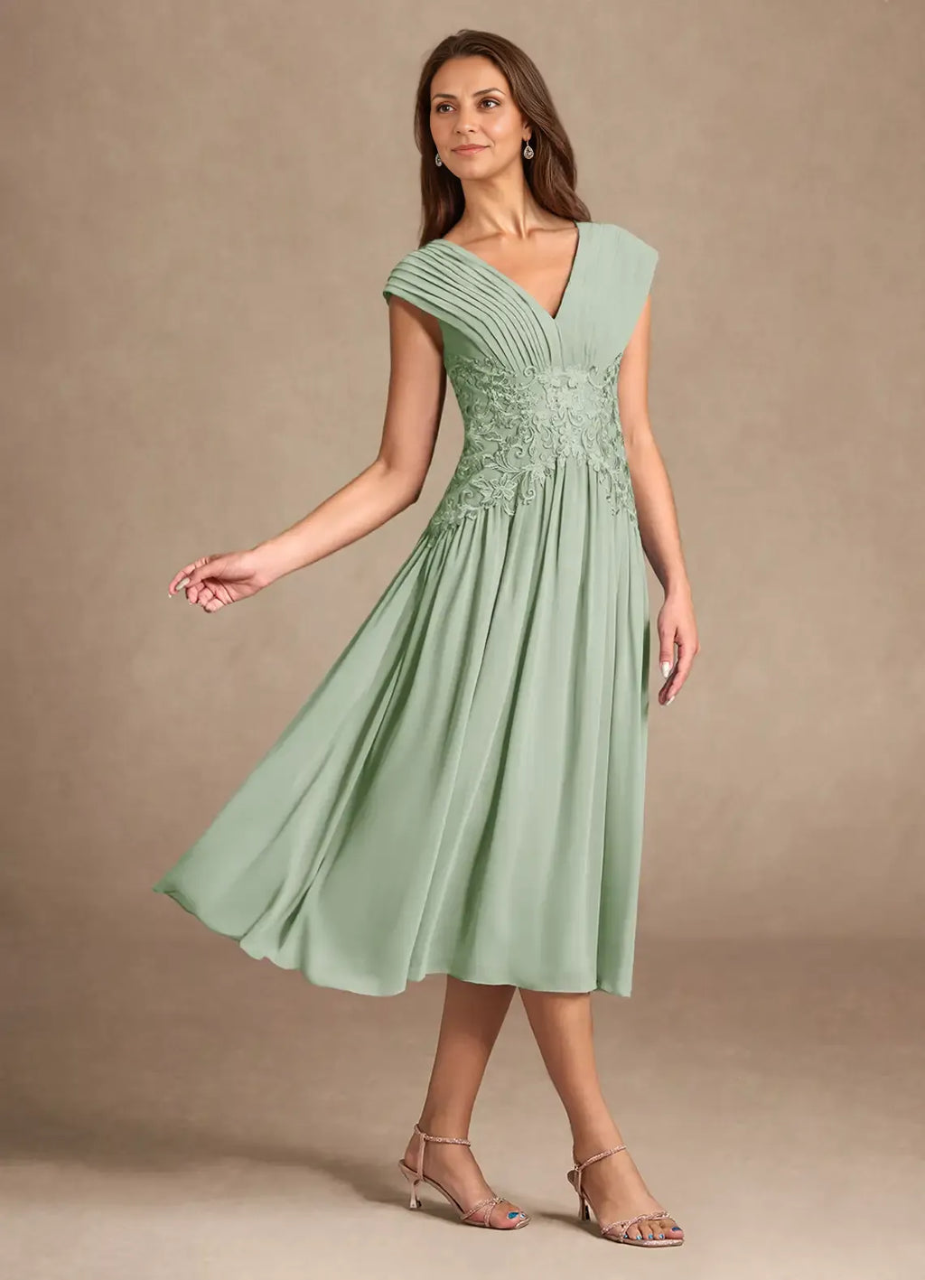 Elegant Sage Green Chiffon A-Line V-Neck Sleeveless Tea-Length Mother of the Bride Dress
