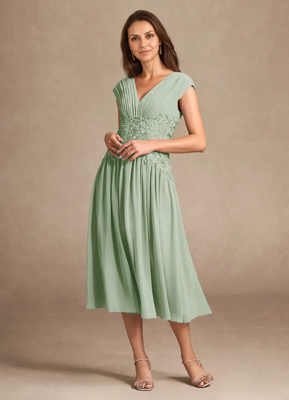 Elegant Sage Green Chiffon A-Line V-Neck Sleeveless Tea-Length Mother of the Bride Dress
