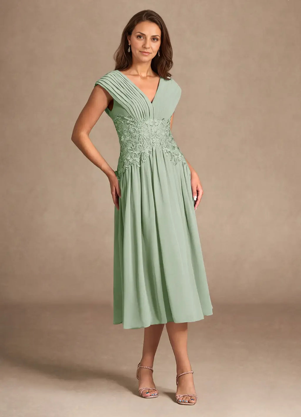 Elegant Sage Green Chiffon A-Line V-Neck Sleeveless Tea-Length Mother of the Bride Dress