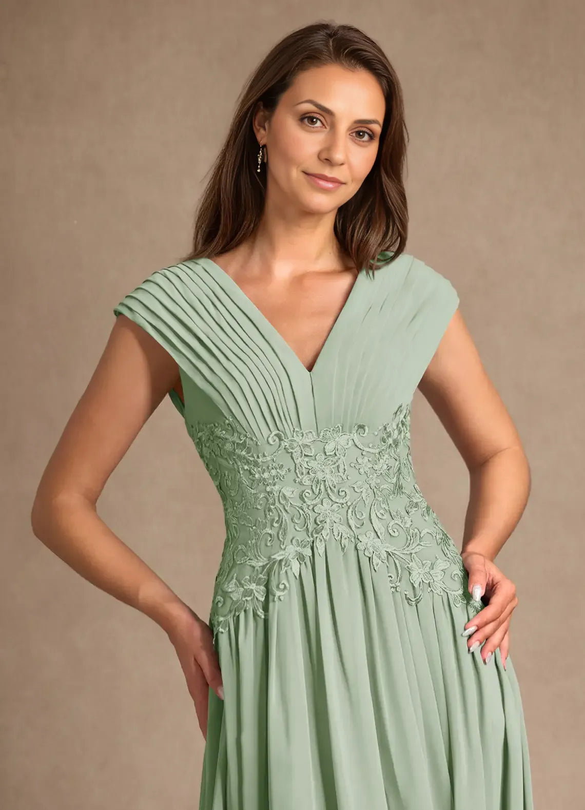 Elegant Sage Green Chiffon A-Line V-Neck Sleeveless Tea-Length Mother of the Bride Dress