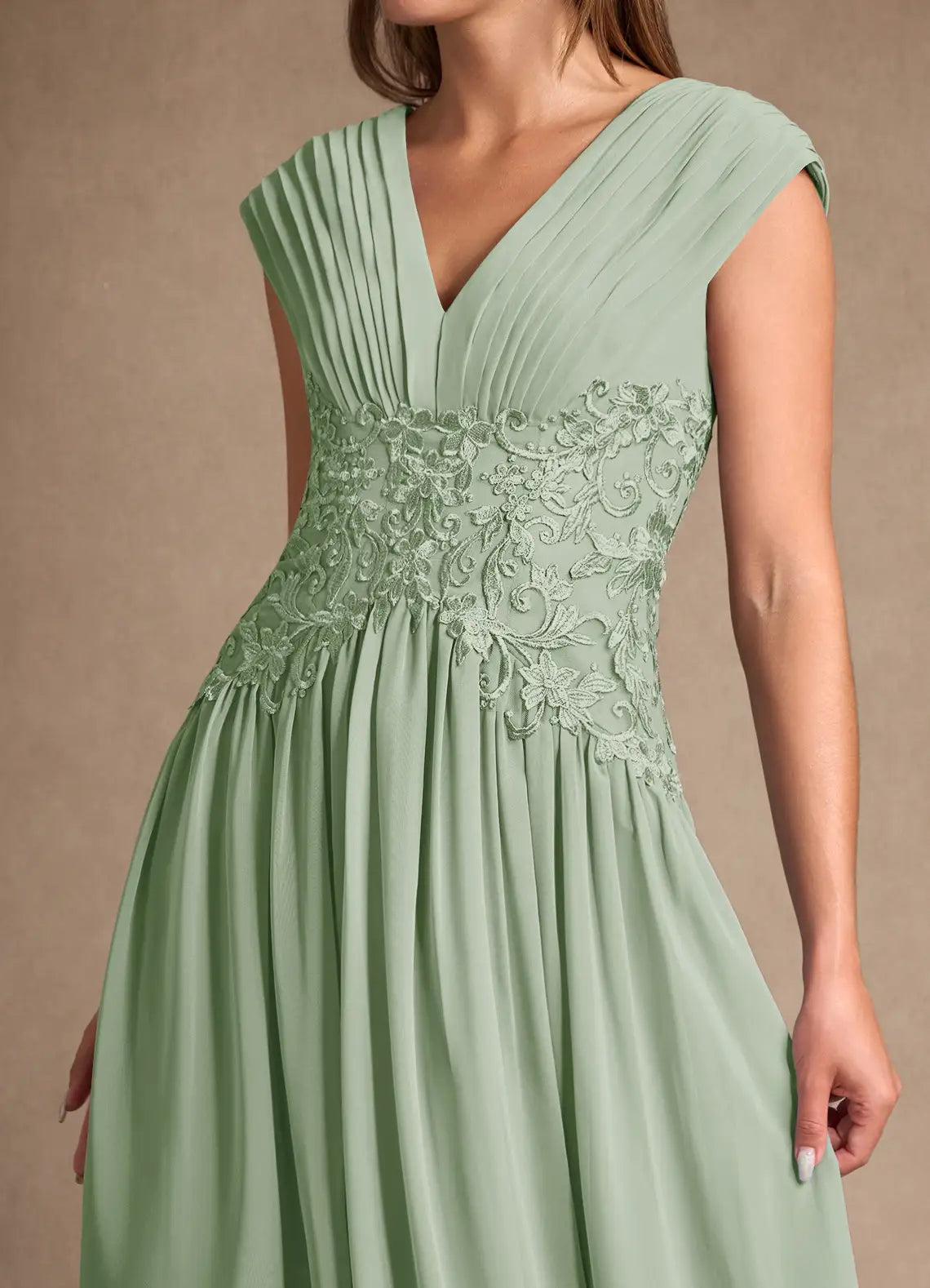 Elegant Sage Green Chiffon A-Line V-Neck Sleeveless Tea-Length Mother of the Bride Dress